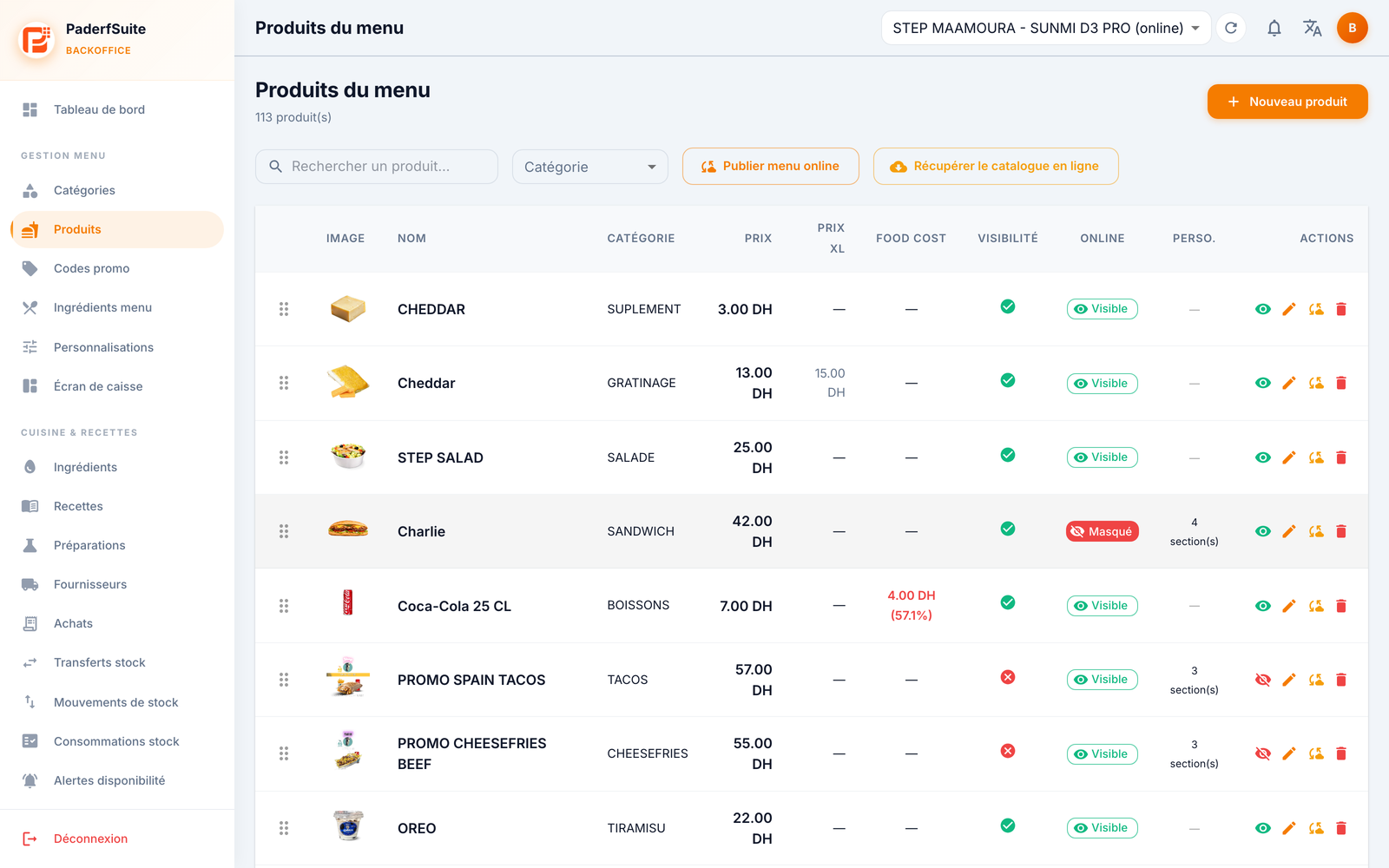 Liste des produits du menu