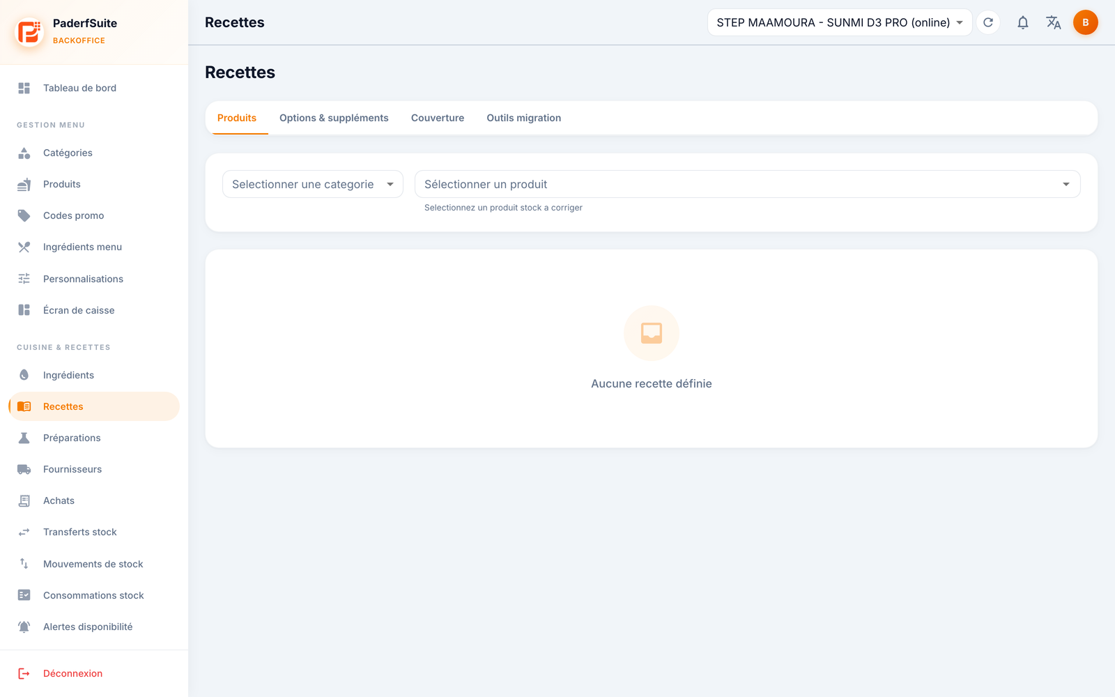 L'écran Recettes de PosBackOffice