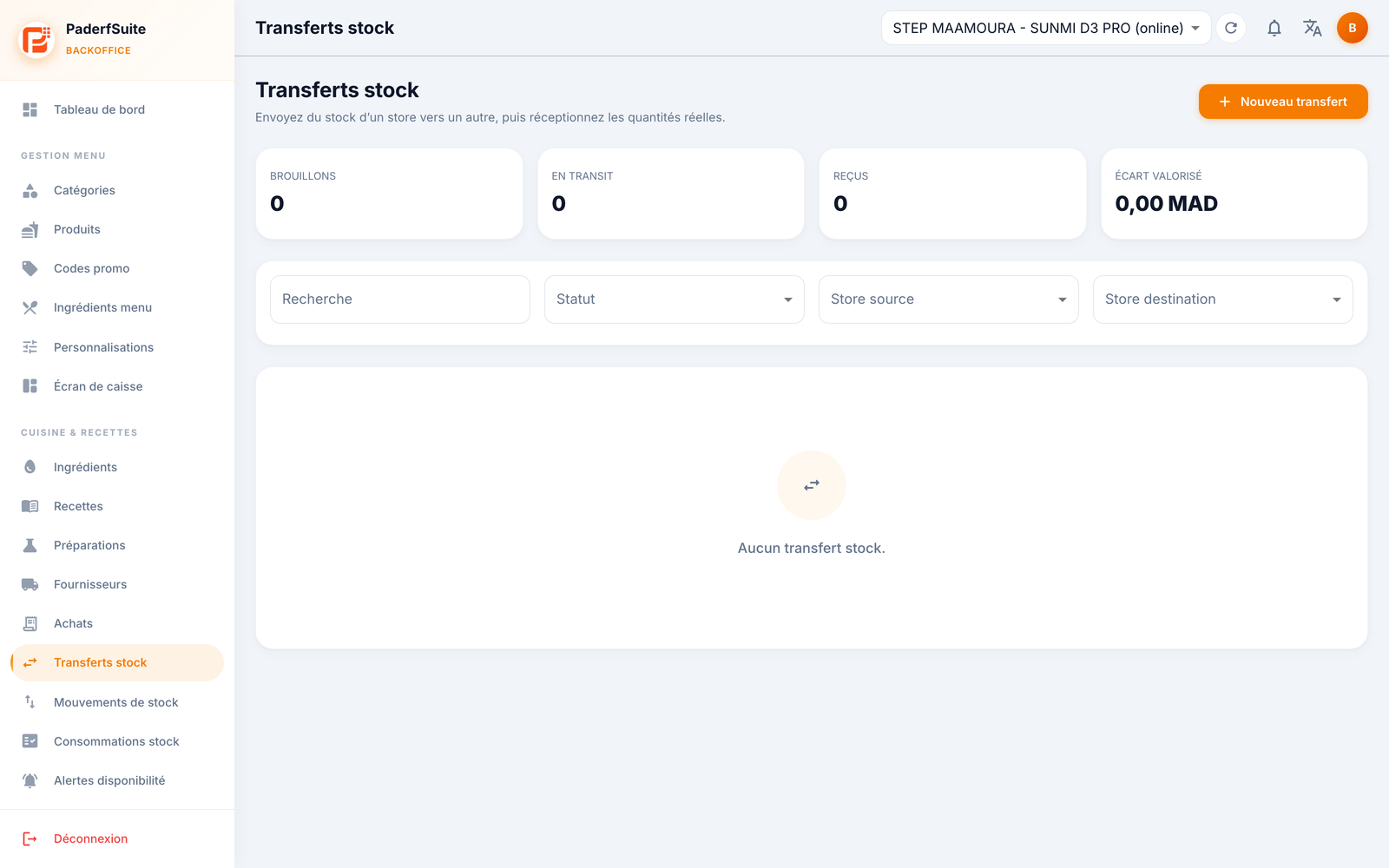 L'écran Transferts stock de PosBackOffice