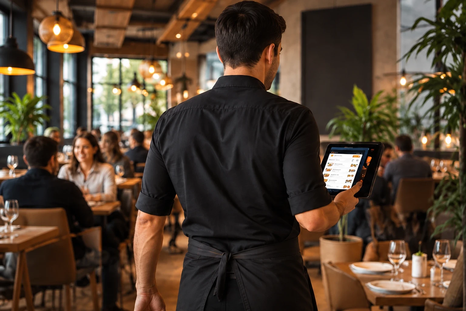 Un serveur prend une commande sur PDA dans un restaurant.